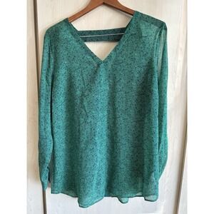 Cabi Bountiful Blouse Green Navy Sheer Floral Vine Back Cut Out 5208 Women's LG